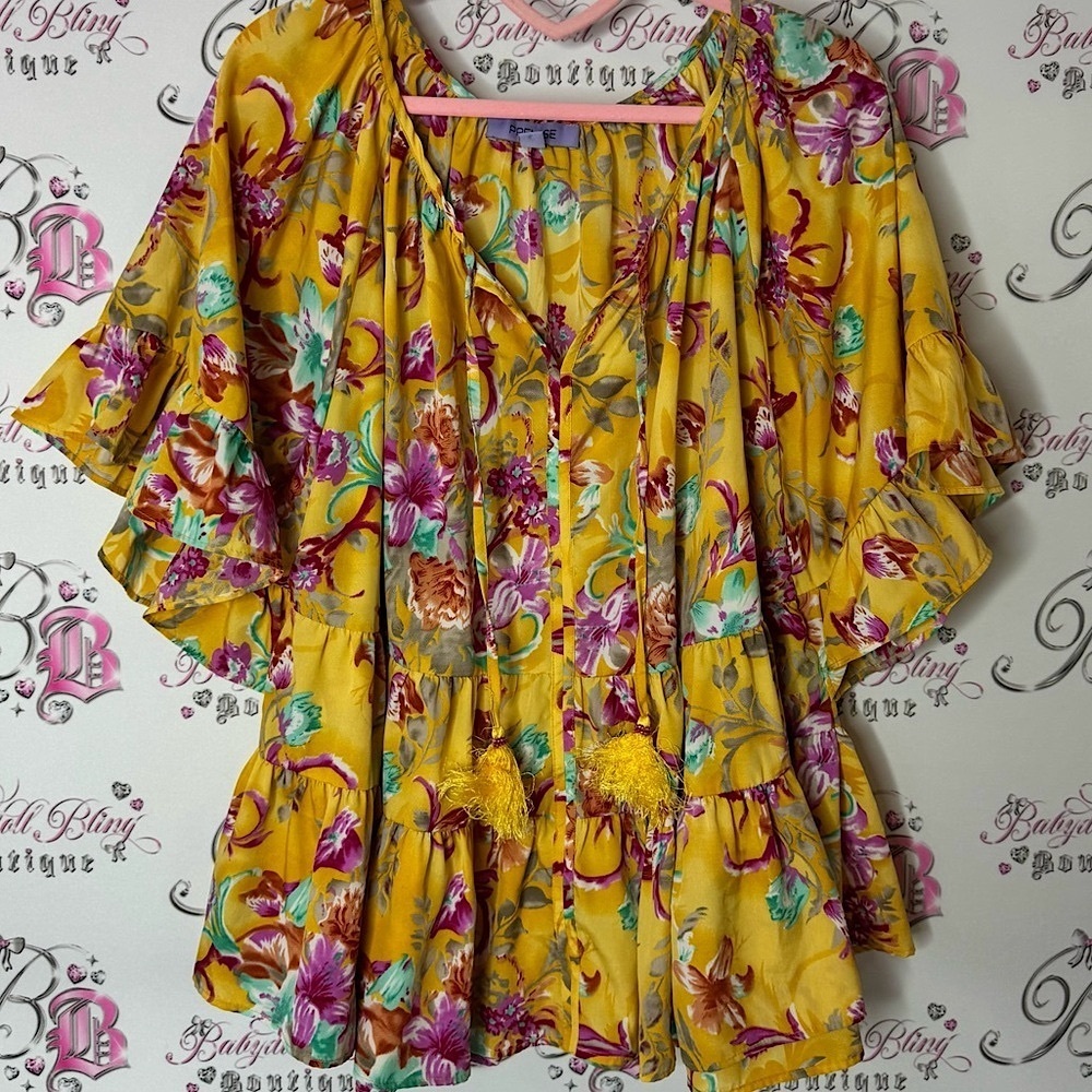 Premise top ruffle frill hem tassle ties flowers Floral Yellow Women's Top